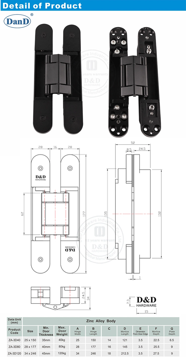 Matte Black Building Door Hardware Accessories 3D Adjustable Heavy Duty Concealed Invisible Exterior Composite Door Hinge Zinc Alloy Hidden Door Hinge